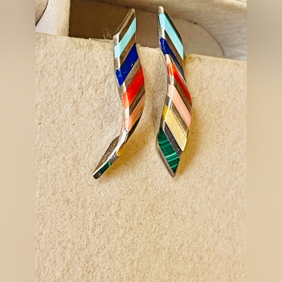 Zuni VTG Native American Sterling Turquoise Coral Onyx Opal Lapis Earrings - Picture 5 of 7